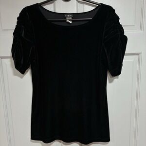 MSK‎ Women Velvet Top Ruched Short Sleeves Crewneck Black Office Casual Comfy